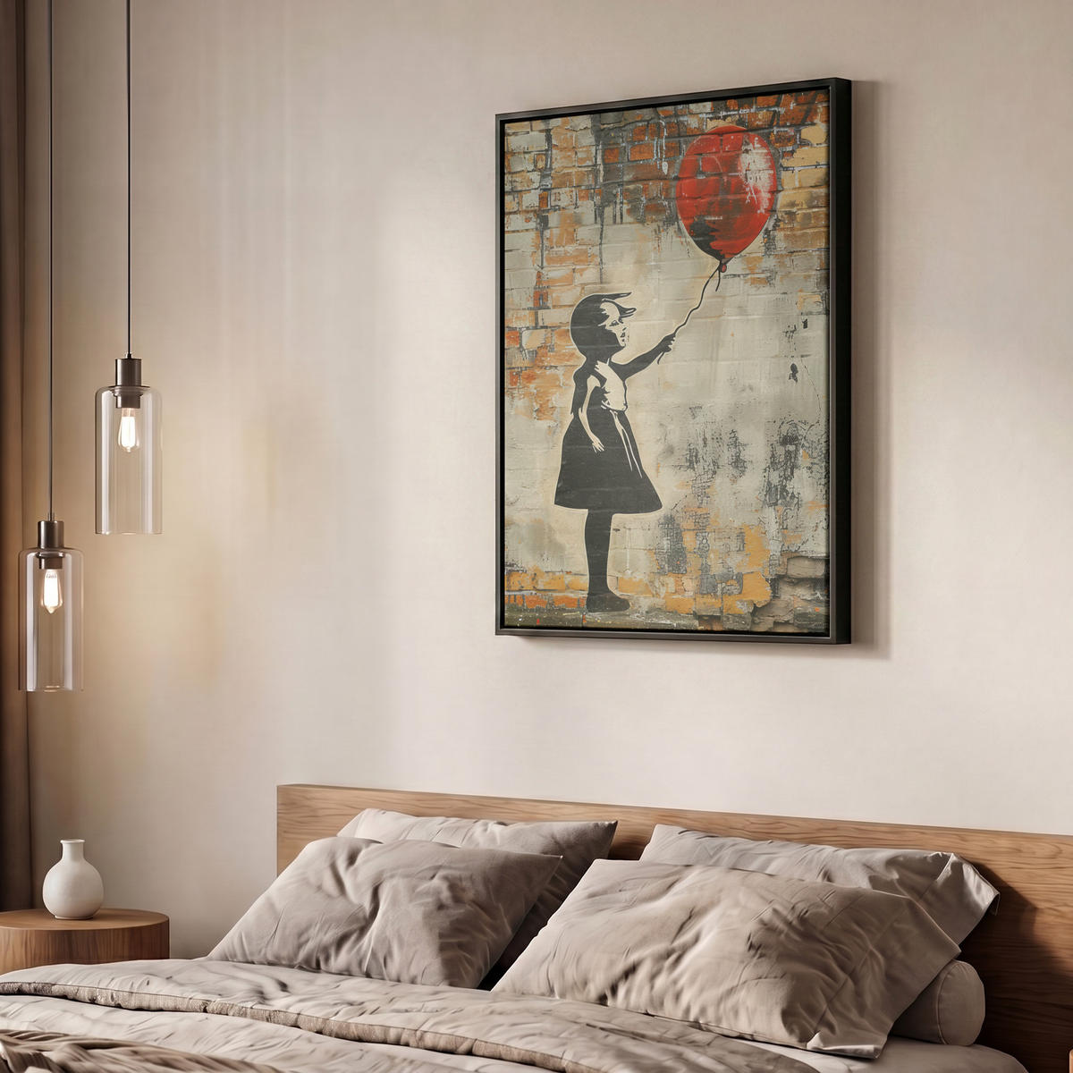 LEINWAND Bilder mit Rahmen - Graffiti - Banksy - Mädchen - Straßenkunst - 60x80 - Sandfarben, Textil (60/80cm) - MuchoWow
