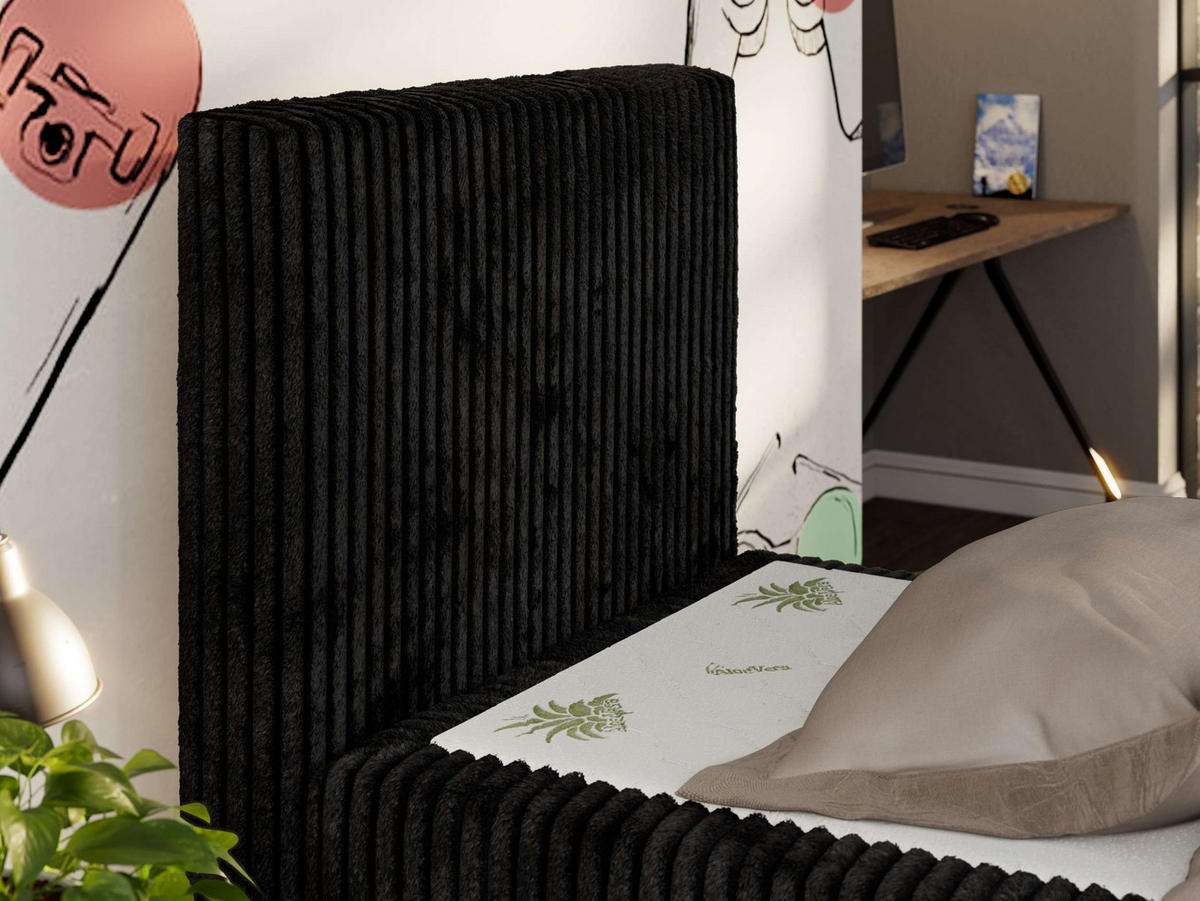 JUGENDBETT TILIO DUO 90/200 - Schwarz Cord - H4 - Links Seite - Schwarz, Textil (90/200cm) - MKS