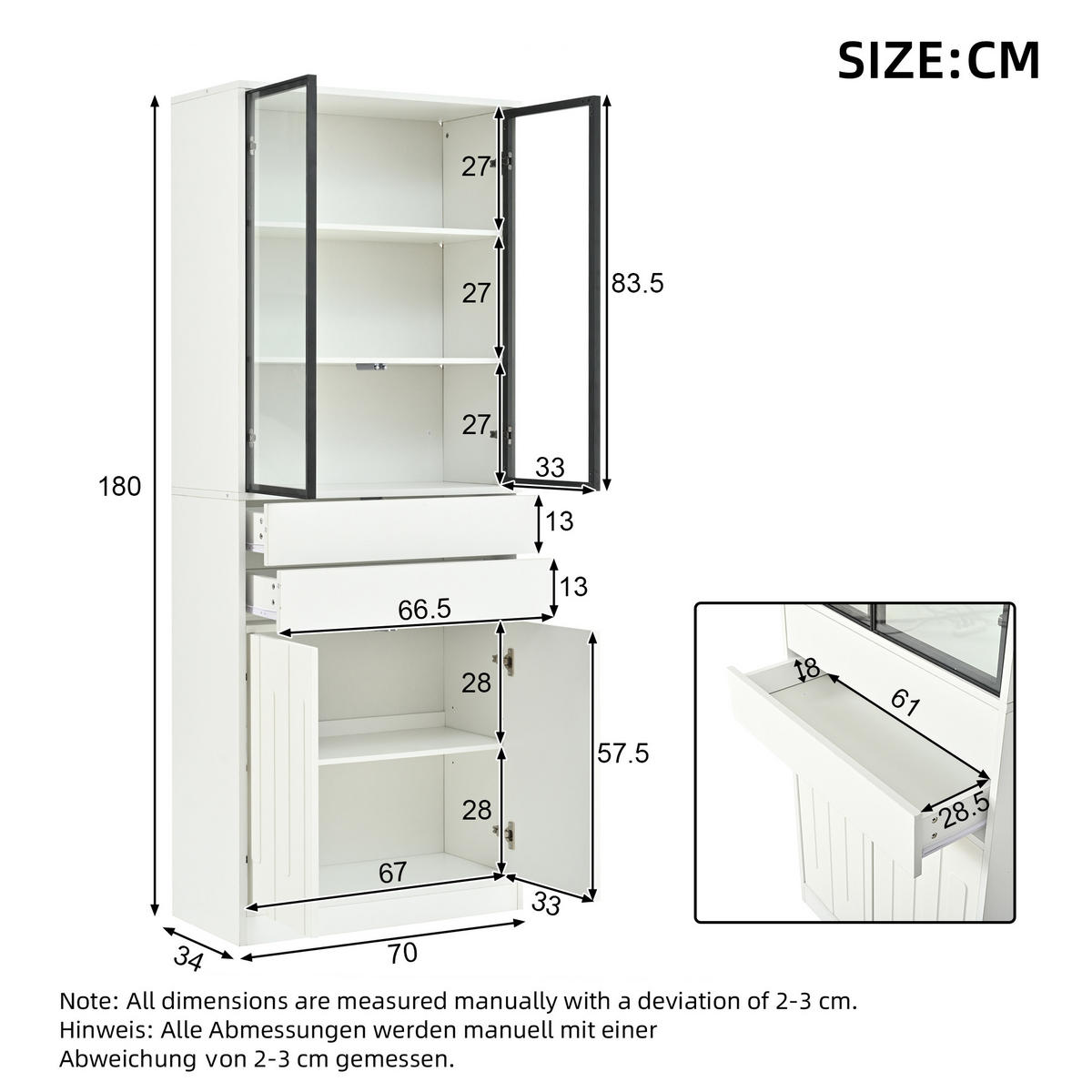 VITRINE 70x34x180 cm Weiß mit LED und 2 Schubladen - Weiß, Holzwerkstoff (70/180/34cm) - FLIEKS
