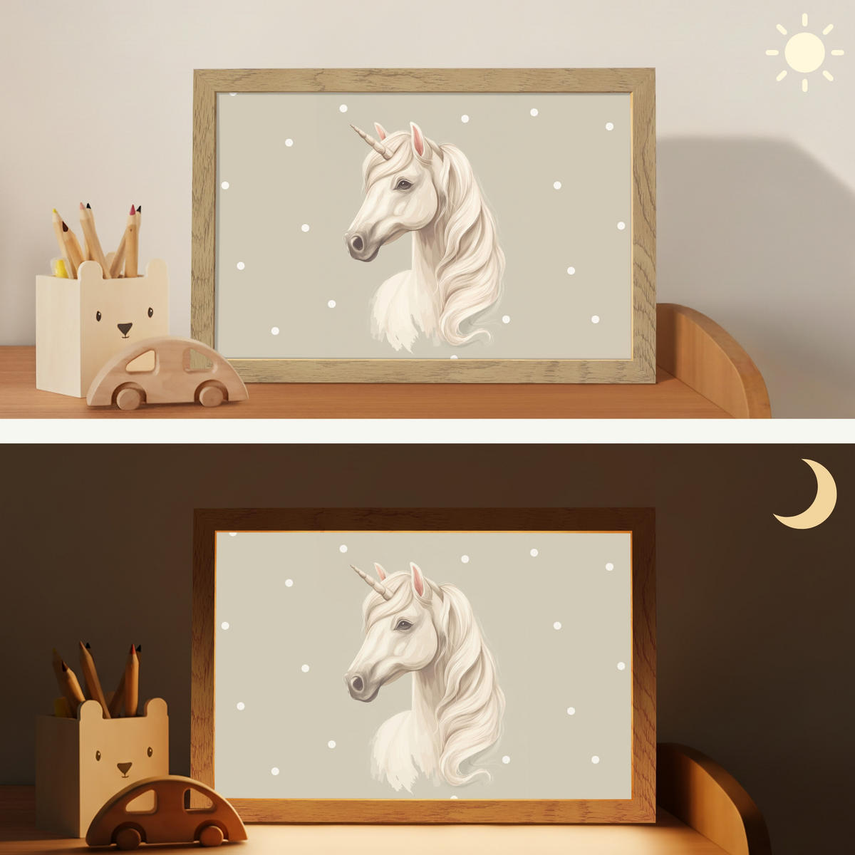 NACHTTISCHLAMPE Einhorn - Weiß - Punkte 30x20 cm - Taupe, Holzwerkstoff (8/30/20cm)