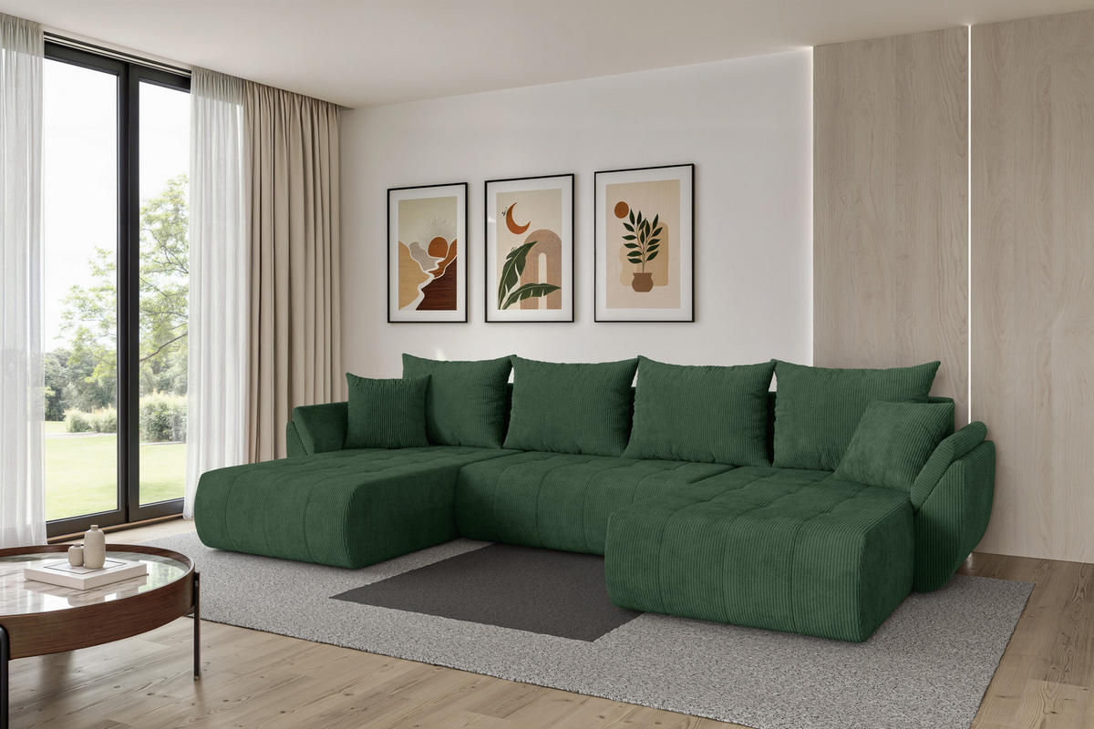 SEDACÍ SOUPRAVA DO U s funkcí spaní a úložným prostorem TOKO-U 378x194x86 zelená manšestr - černá/tmavě zelená, kompozitní dřevo/textil (378/86/194cm) - ALTDECOR