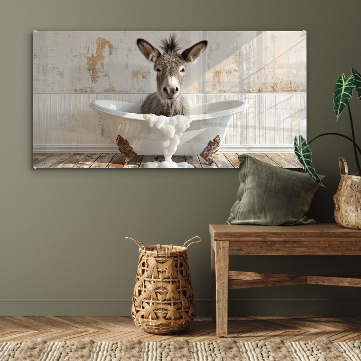 ACRYLGLASBILD Esel - Tiere - Badewanne - Schaumstoff 120x60 cm - Weiß, Glas (120/60cm) - MuchoWow