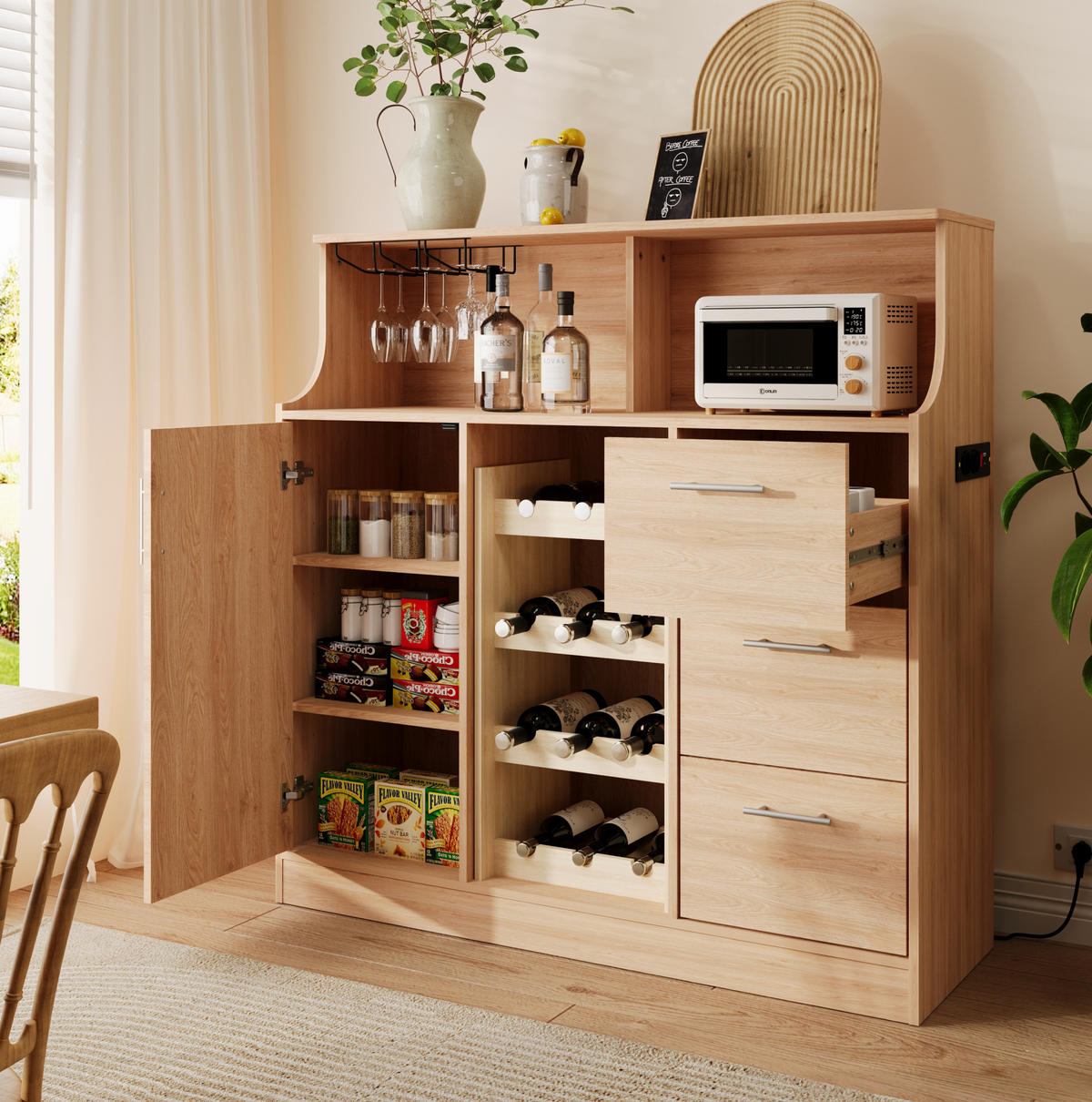 SIDEBOARD 120/40/121 cm in Natur/Weiß mit LED-Beleuchtung und Weinregal - Weiß, Holzwerkstoff (120/121/40cm) - Flora Grace