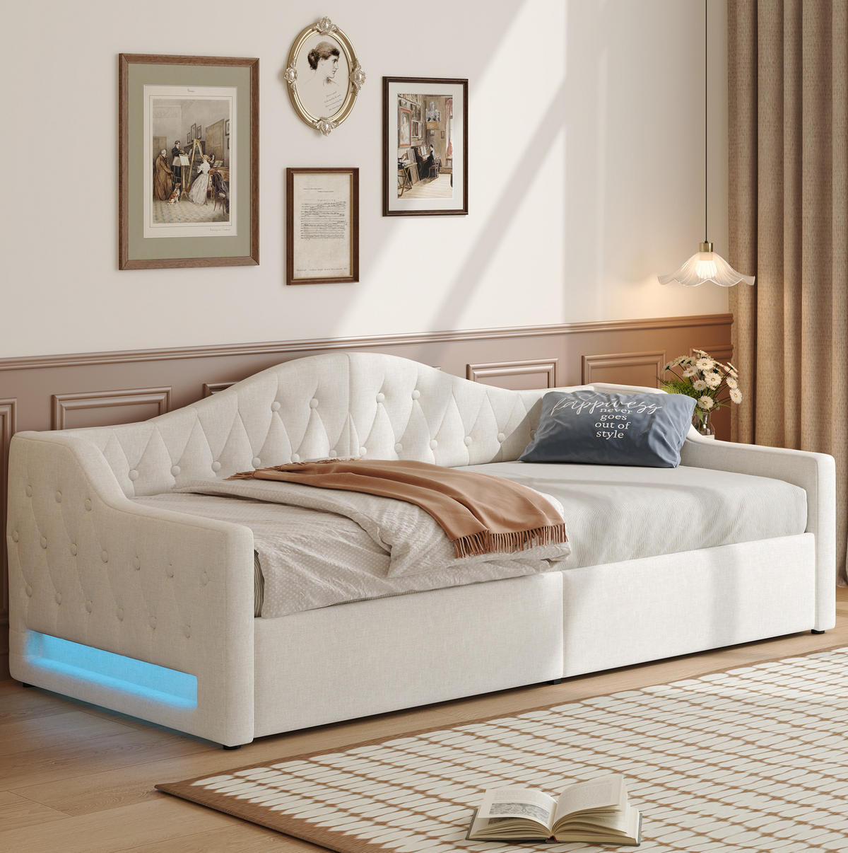POLSTERBETT 90/200 cm Beige mit Stauraum und LED-Beleuchtung - Beige, Holzwerkstoff (90/200cm) - Flora Grace