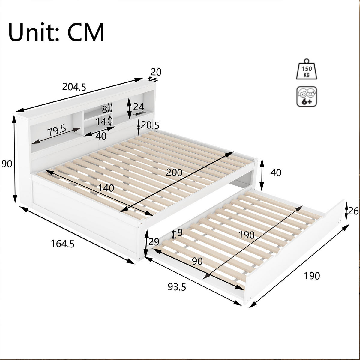 SCHLAFSOFA 140x200cm Weiß LED-Licht Bettseite Staufach Ausziehbett USB - Weiß, Holz (140/200cm) - FLIEKS