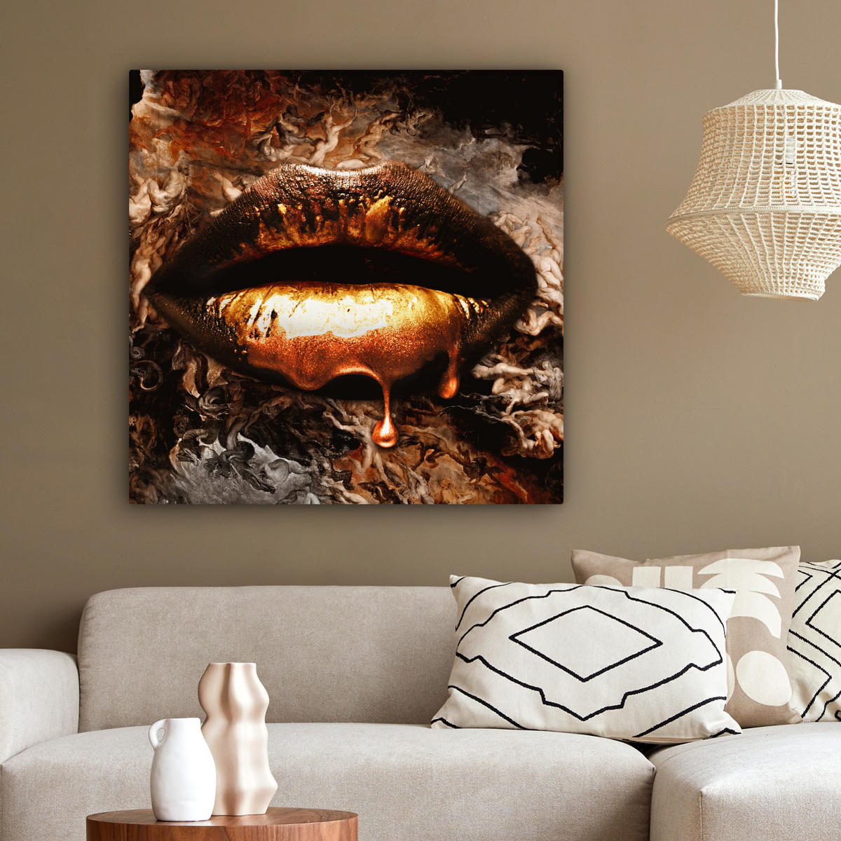 LEINWANDBILD Gold - Lippen - Kunst - Gold - Luxus - Abstrakt 90x90 cm - Kupferfarben, Textil (90/90cm) - MuchoWow