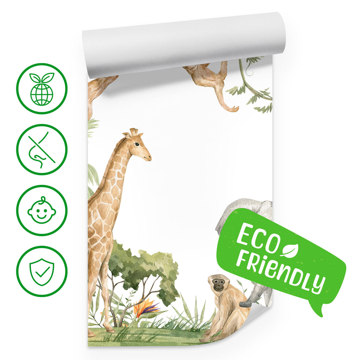 FOTOTAPETE für Kinderzimmer Dschungel Tiere Giraffe Elefant Palmen 400x280 - Beige/Rot, Papier (400/280cm) - Muralo