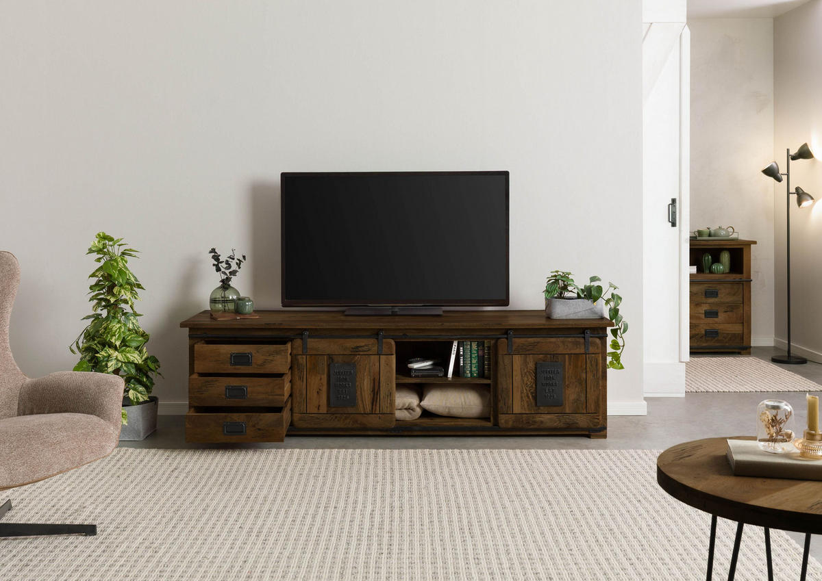 TV-BOARD Mango 220x55x60 braun lackiert RAILWAY #466 - Braun, Holz (220/60/55cm) - Massivmoebel24