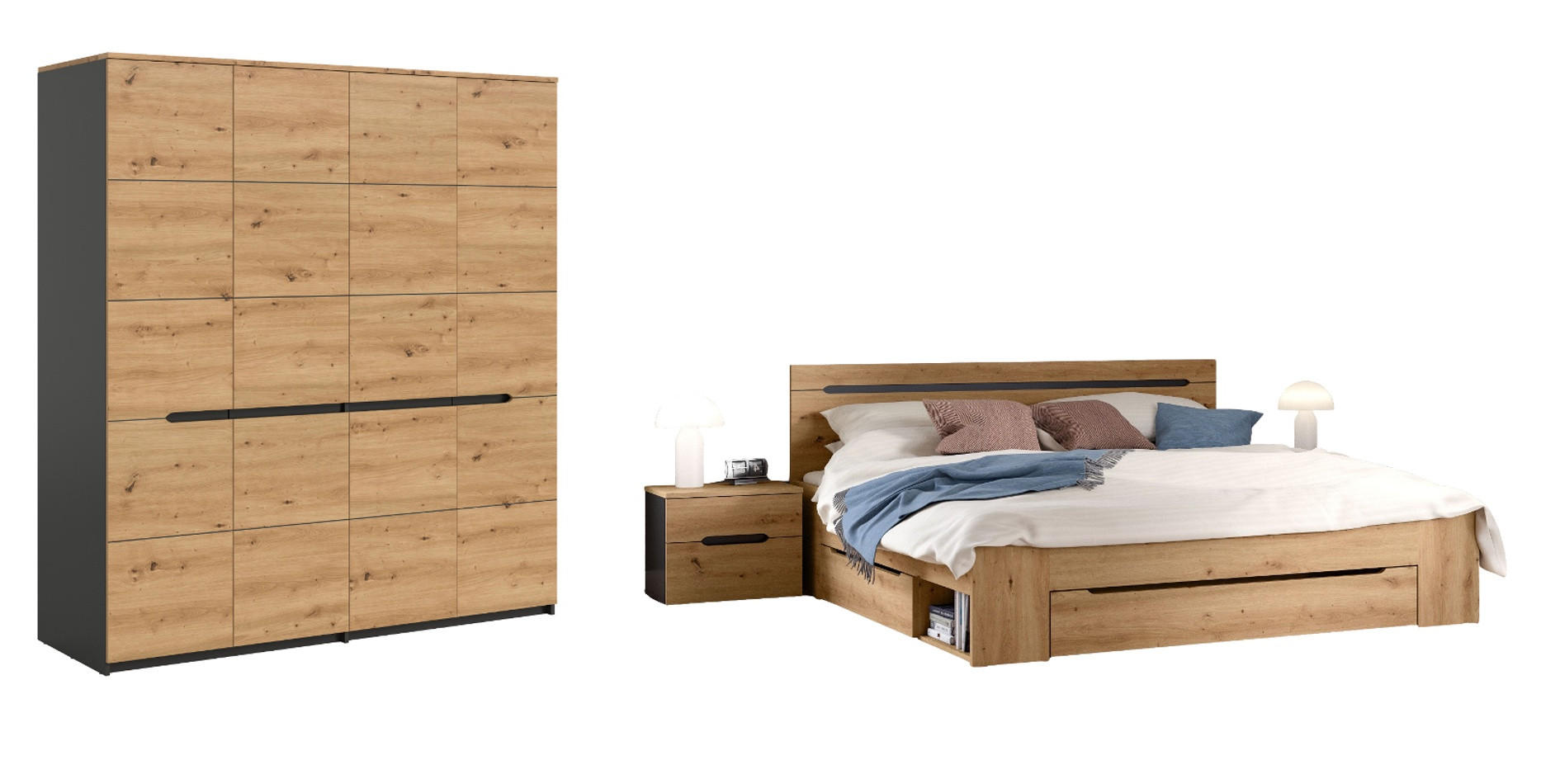 SCHLAFZIMMER Set 4-teilig Eiche Artisan, grau, Komplettset mit großem Kleiderschrank - Eiche Artisan/Grau, Holzwerkstoff/Metall - Inn.Furn