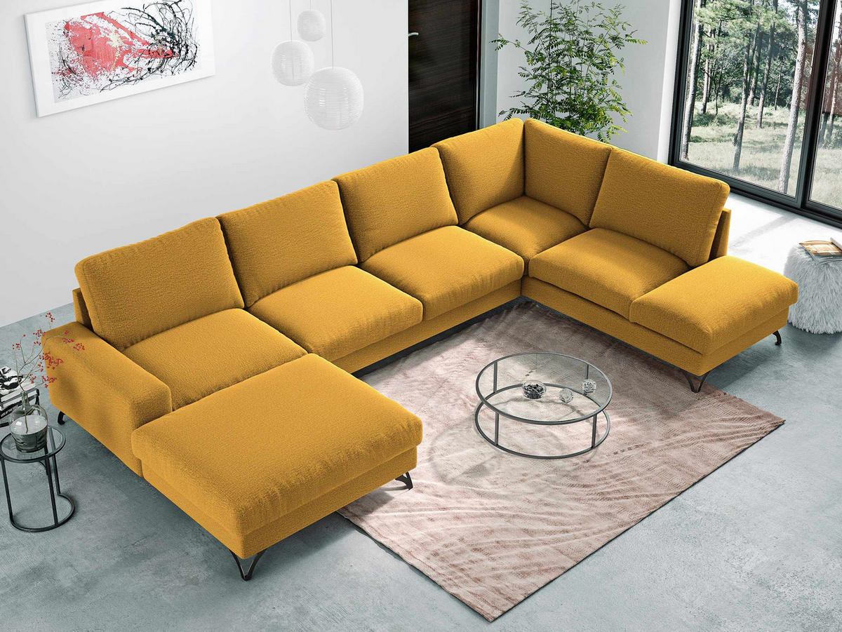 WOHNLANDSCHAFT Flavio U, Seite: Links - L1F+L2F+R3F - Gelb/Schwarz, Holz/Textil (367/91/214cm) - MIRJAN24