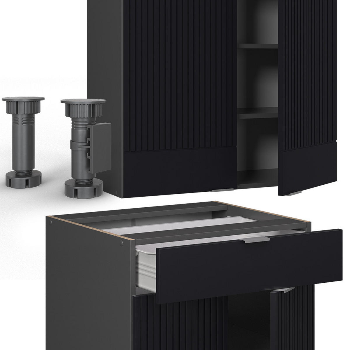 SINGLEKÜCHE Fame-Line, Schwarz gestreift/Anthrazit, 140 cm ohne Arbeitsplatte - Anthrazit/Schwarz, Holzwerkstoff (140/81.6/46cm) - Vicco