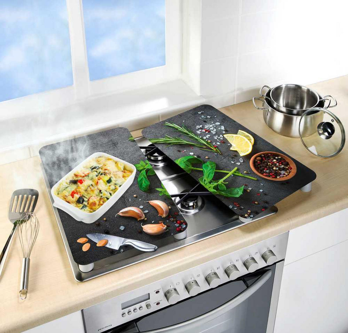 HERDABDECKPLATTEN 2er-Set Herbs - Schwarz, Glas (30/5.5/52cm) - Wenko