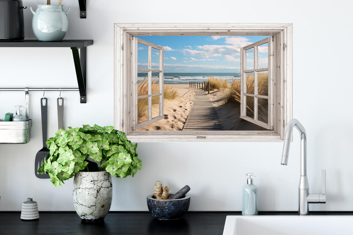 WANDTATTOO Fenster - Meer - Küste - Natur - Ausblick - Strand - Wattenmeer 60x40 cm - Beige, Kunststoff (60/40/0.1cm) - MuchoWow
