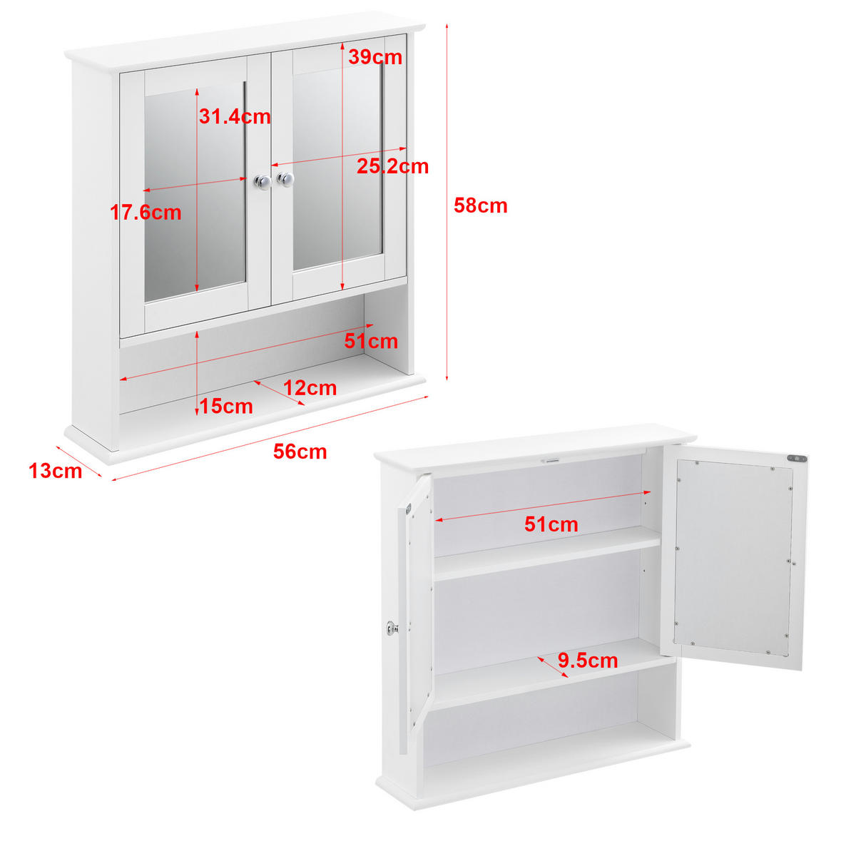 SPIEGELSCHRANK Linz - Weiß, Holzwerkstoff (56/58/13cm) - [en.casa]