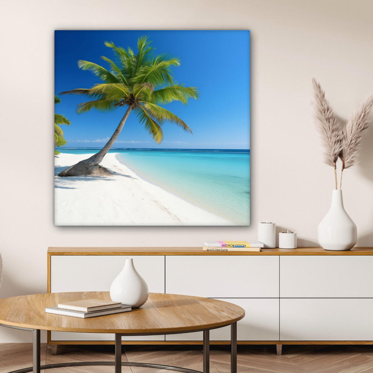 LEINWANDBILD Strand - Palme - Tropisch - Meer Deko Groß 90x90 cm - Grün, Textil (90/90cm) - MuchoWow