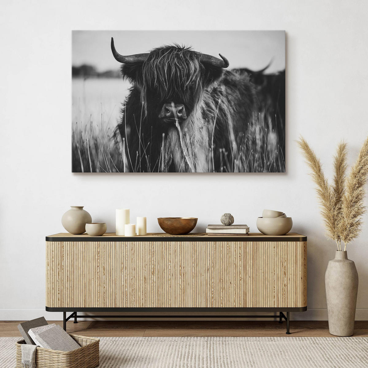 LEINWANDBILD Für Esszimmer Schottische Hochlandrind Kuh Tier 3D 30/20 cm - Schwarz/Weiß, Textil (30/20cm) - Muralo