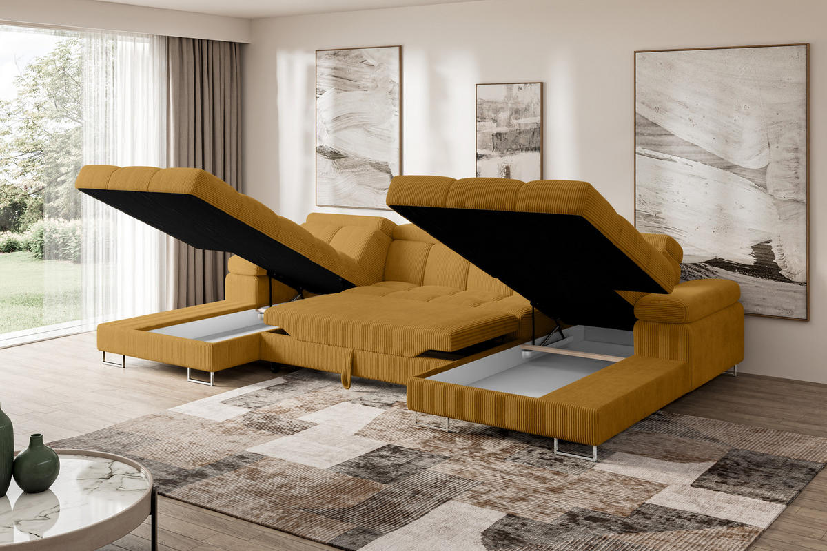 WOHNLANDSCHAFT mit Schlaffunktion und Bettkasten COMA U2 345x203x79 Senfgelb Cord - Honig, Holzwerkstoff/Textil (345/79/203cm) - ALTDECOR