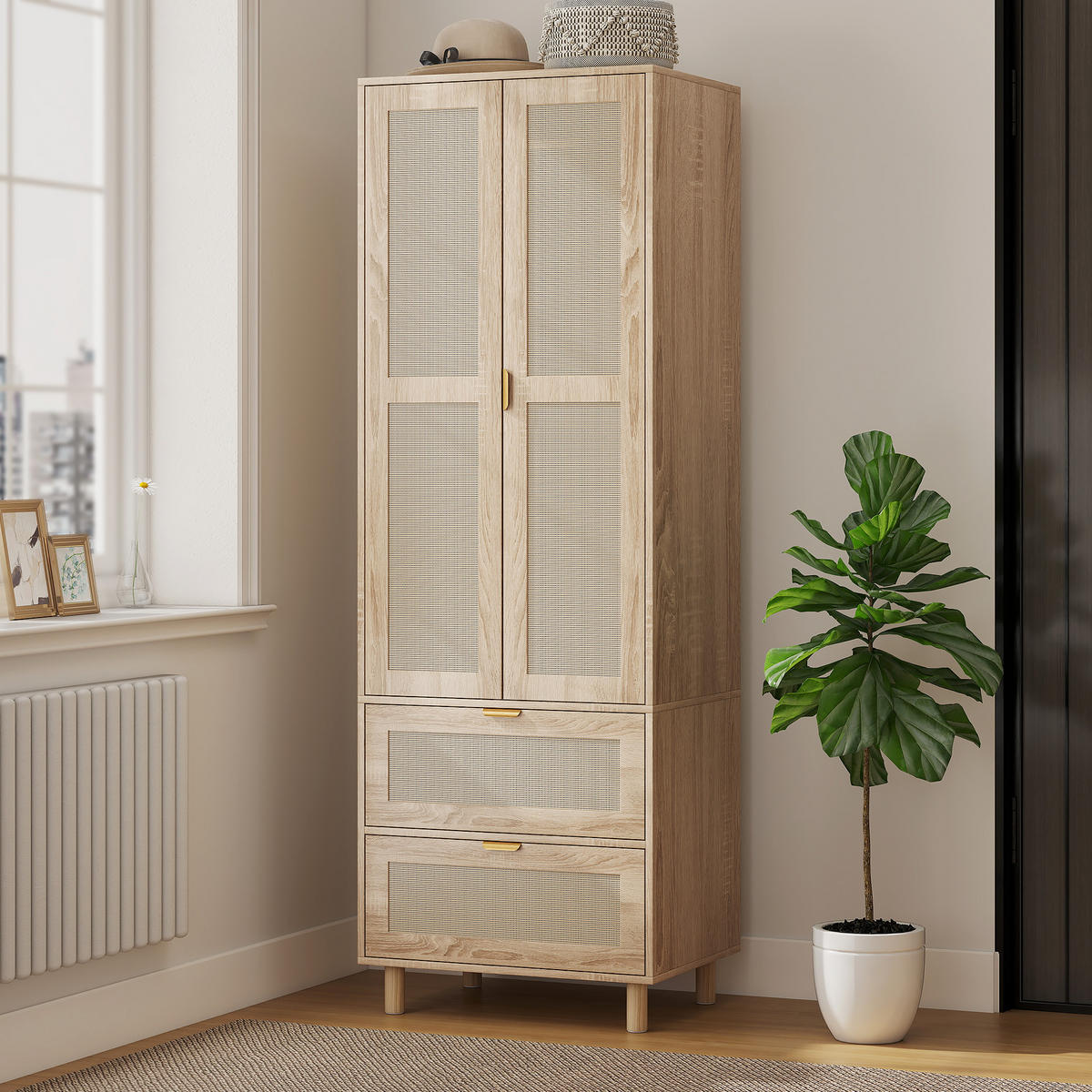 KLEIDERSCHRANK DE-17216 2 Rotting-Türen & 2 Schubladen Natur - Naturfarben, Holzwerkstoff (47/185/63cm) - ComfortXL