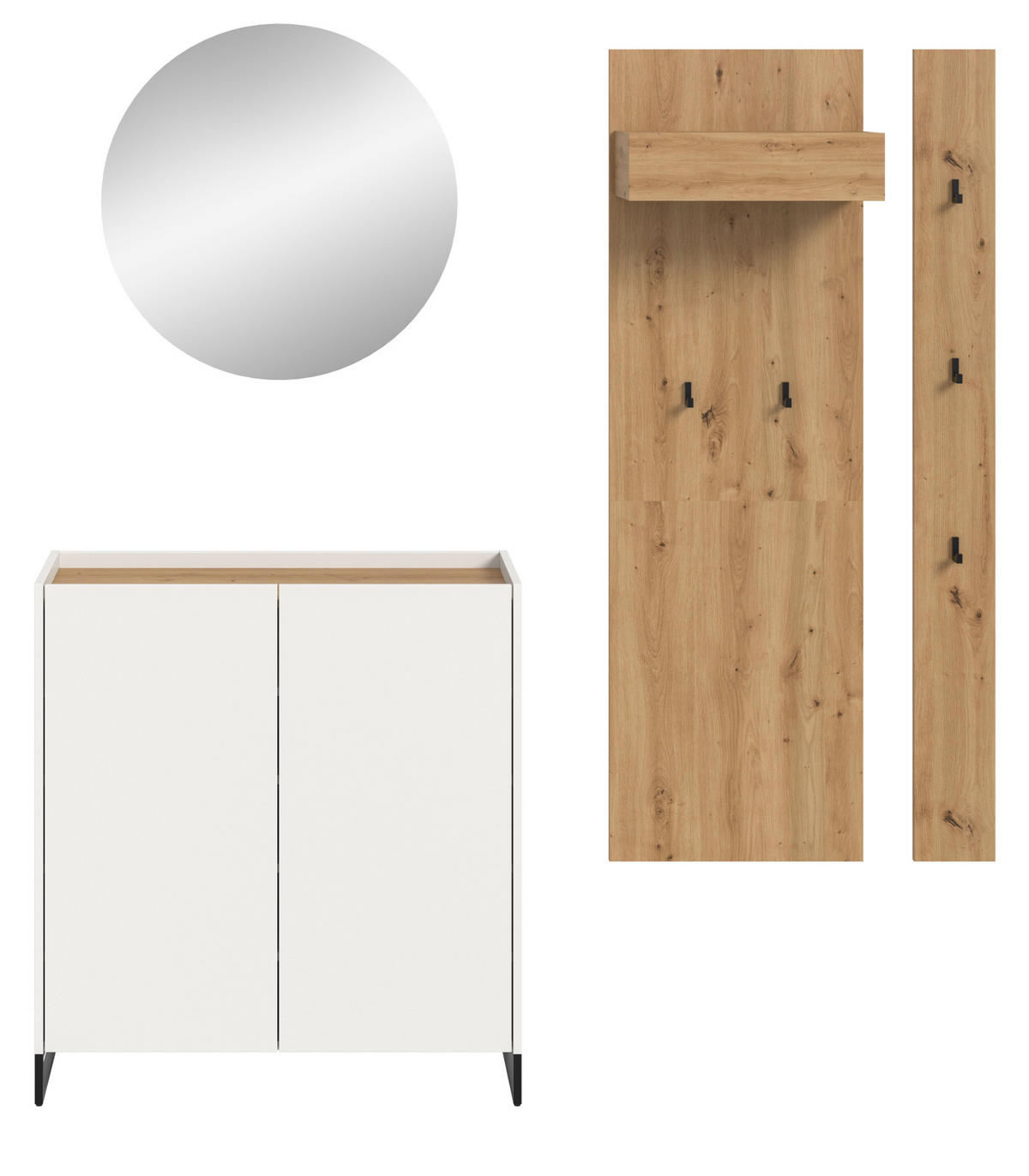 GARDEROBE-SET weiß und Artisan Eiche, Garderobe 4-teilig, 186 x 197 cm, Soft-Close, Borga - Schwarz/Weiß, Holzwerkstoff/Metall (186/197/38cm) - Inn.Furn