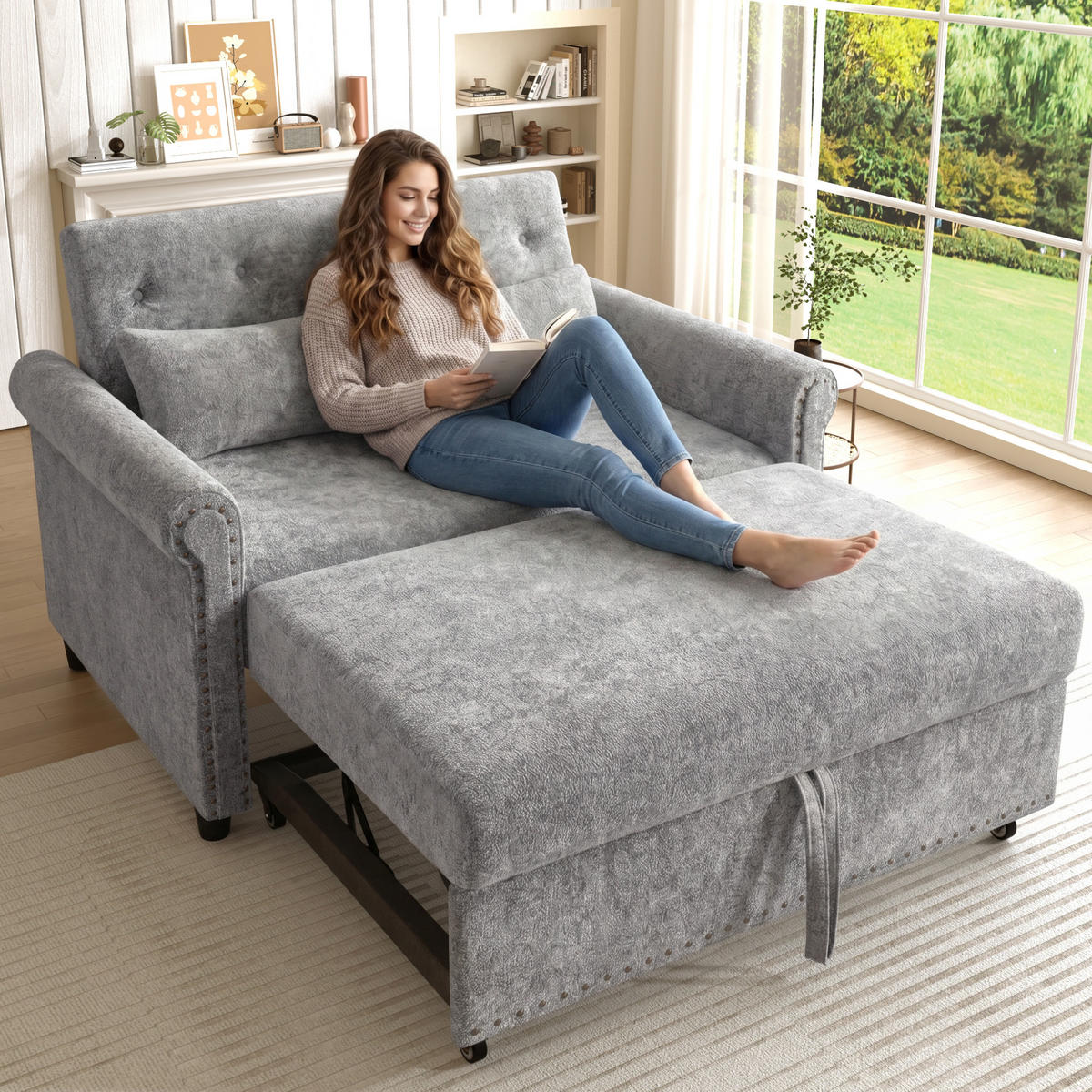 SCHLAFSOFA Grau mit Ausziehbett und 3-fach verstellbarer Rückenlehne, Chenille - Schwarz/Grau, Holzwerkstoff/Kunststoff (120/82/170cm) - CHICFURN