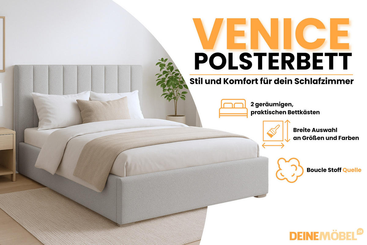 POLSTERBETT VENICE 180/200 in Boucle Hellgrau - Hellgrau, Holz/Holzwerkstoff (180/200cm) - Deine Möbel 24