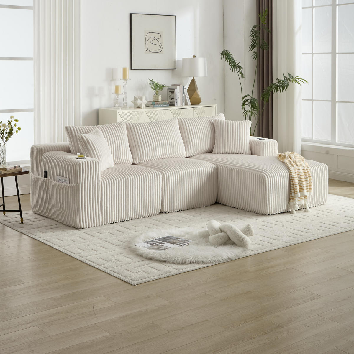 ECKSCHLAFSOFA Modulares Sofa mit Schlaffunktion,Chaiselongue + Zweisitzer,Beige - Beige, Textil (257/160cm) - LVHOM
