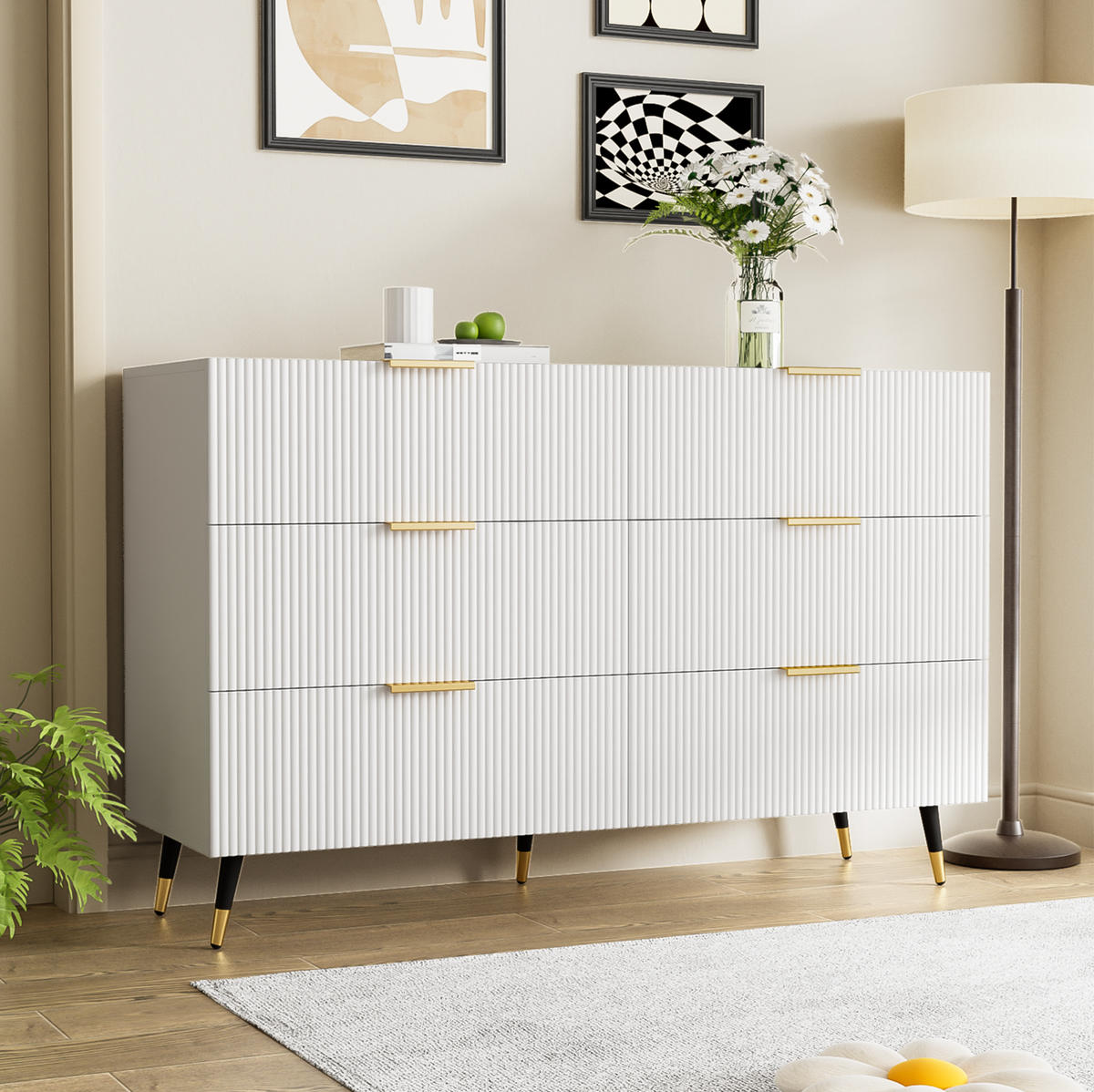 KOMMODE aus Spanplatte 120x77x40cm in Weiß mit 6 Schubladen - Weiß, Holzwerkstoff (120/77/40cm) - Modfu