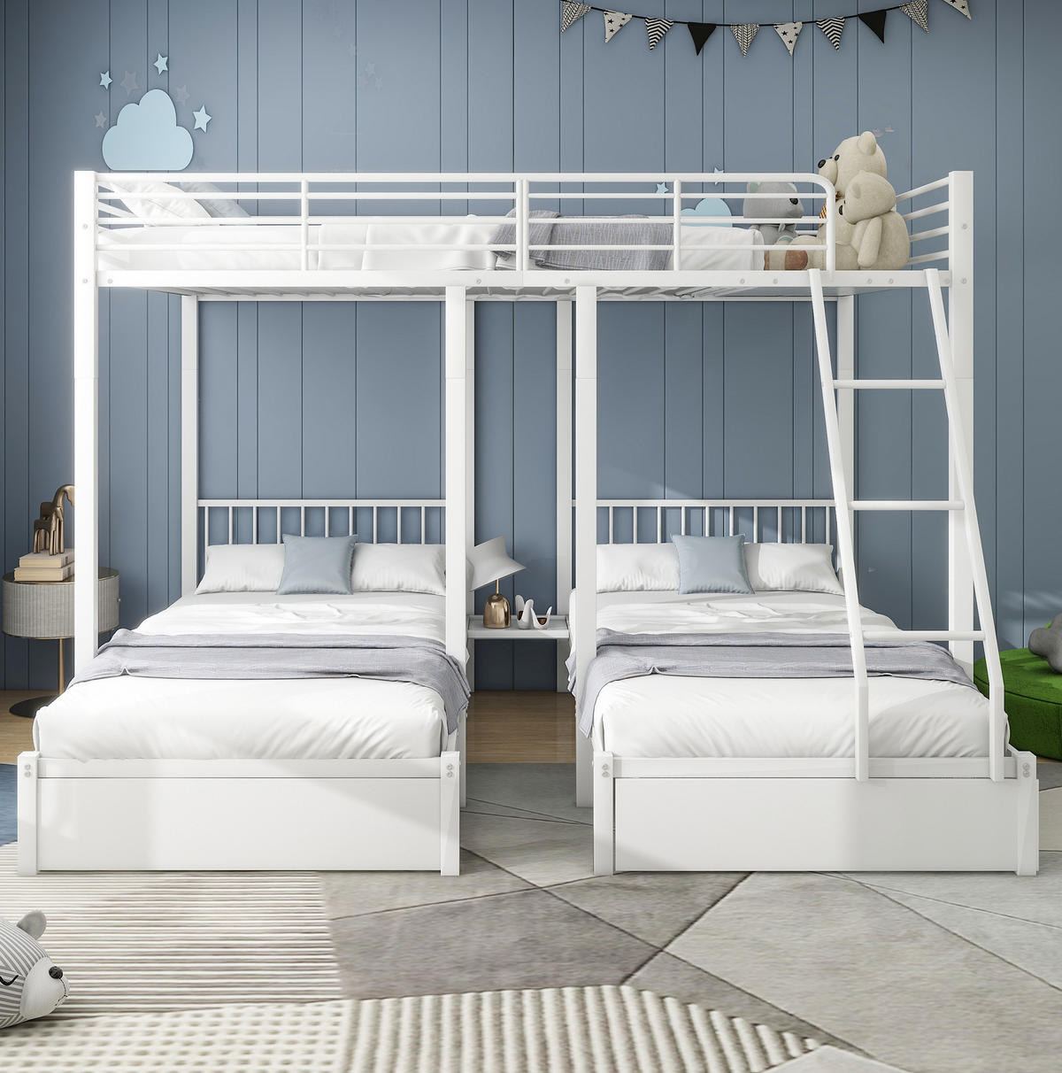 ETAGENBETT 140/200 cm & 2x 90/200 cm aus Metall mit Schubladen, teilbar, Weiß - Weiß, Metall (140/200cm) - Flora Grace
