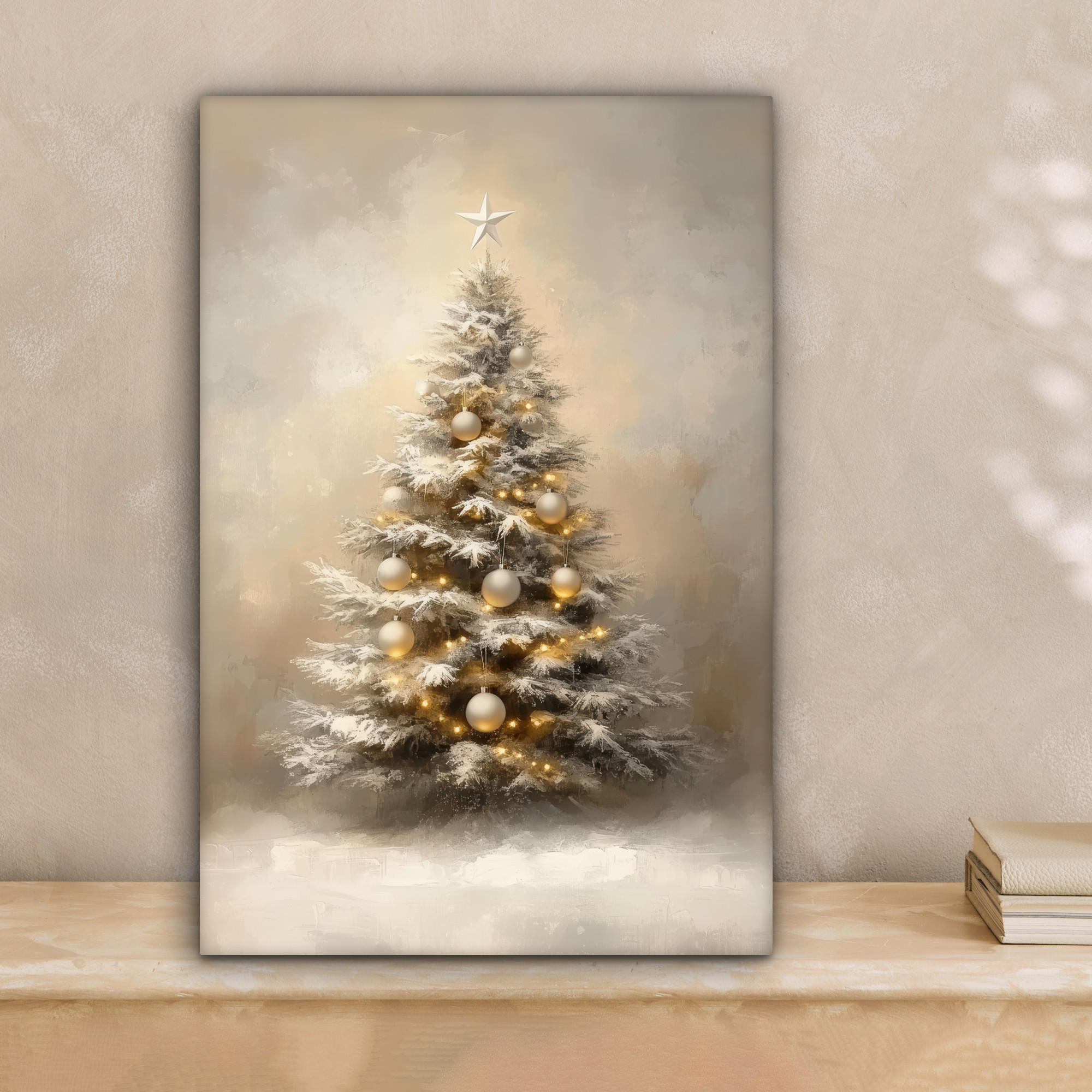 LEINWANDBILD Weihnachten - Weihnachtsbaum - Schnee - Kunst 20x30 cm - Champagner, Textil (20/30cm) - MuchoWow