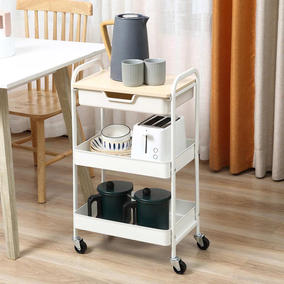 KÜCHENWAGEN DE-08493 2 Regale + Schublade mit Rollen Weiß - Weiß, Kunststoff (30.5/75.6/43.9cm) - ComfortXL