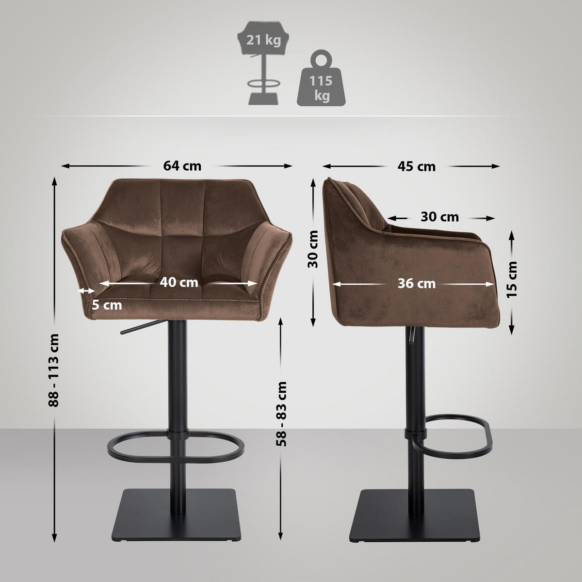 BARHOCKER 2er Set Samt Braun - Schwarz/Braun, Textil/Metall (64/88/45cm) - CLP