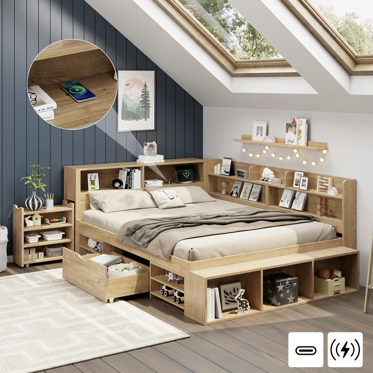 KINDERBETT 140/200 cm natur aus Sperrholz mit Stauraum und Regalen - Naturfarben, Holzwerkstoff (140/200cm) - OKWISH