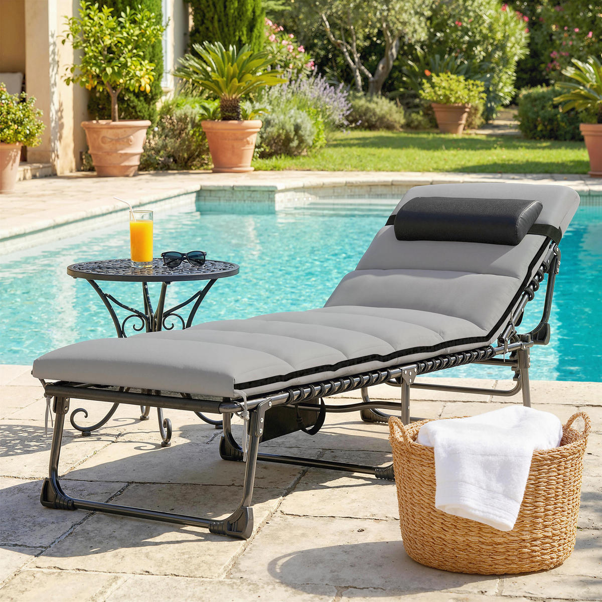 SONNENLIEGE Stahl Hellgrau - Hellgrau/Schwarz, Textil/Metall (57/38/200cm) - Outsunny