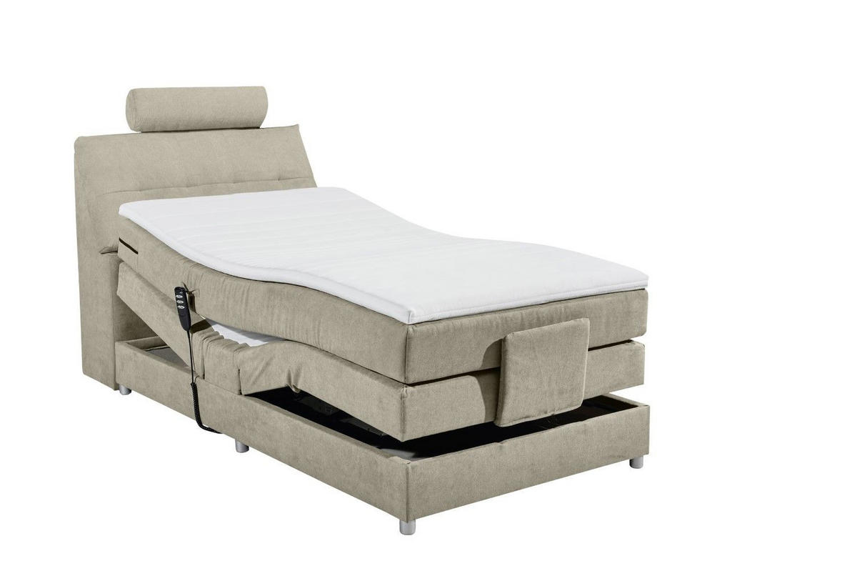 BOXSPRINGBETT inkl. Elektrofunktion, 7-Zonen-Tonnentaschen-Federkernmatratze und Komfort T25 Schaumtopper - Sandfarben/Beige, Holz/Holzwerkstoff (120/200cm) - ed exciting design