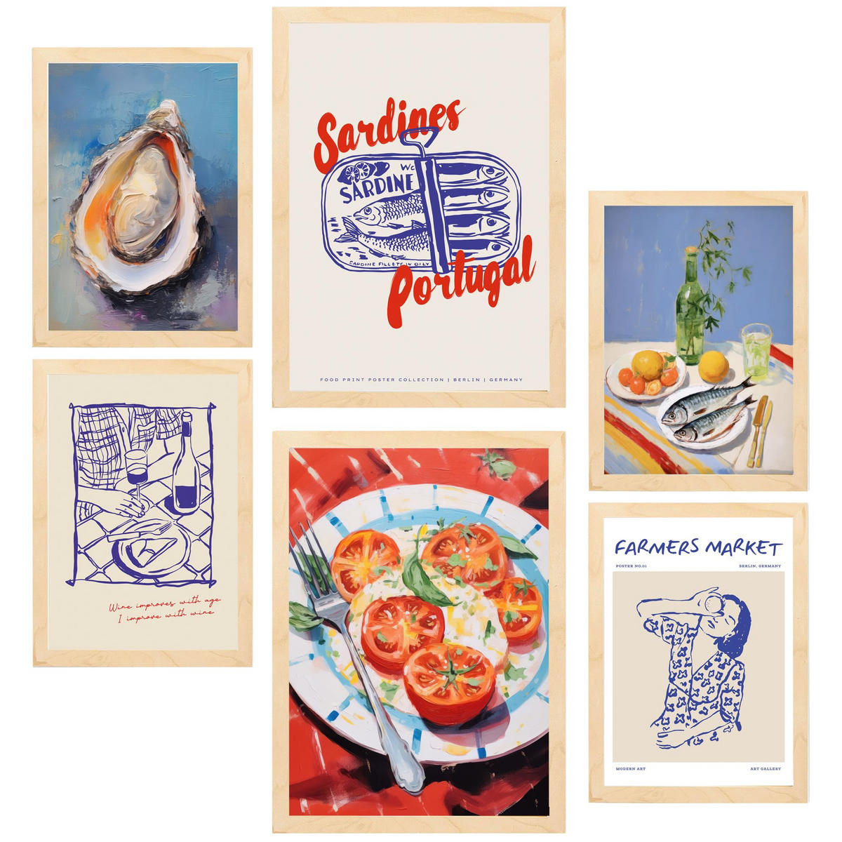 POSTER Set Mit 6 Von Lebensmitteln & Mediterraner Ernährung Im Pop Art A3 & A4 Rahmen Aus Hellem Holz - Beige, Papier (29/3cm) - Nacnic