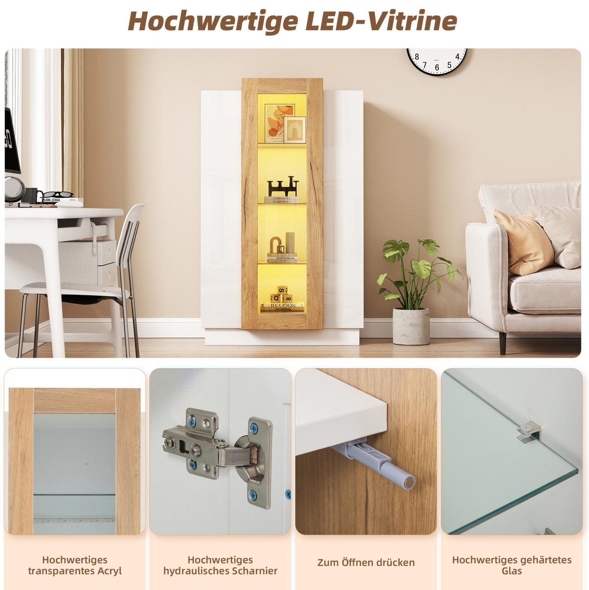 VITRINE 74/40/120 cm in Weiß/Natur mit 3 Türen und LED-Beleuchtung - Weiß, Holzwerkstoff (74/120/40cm) - Flora Grace