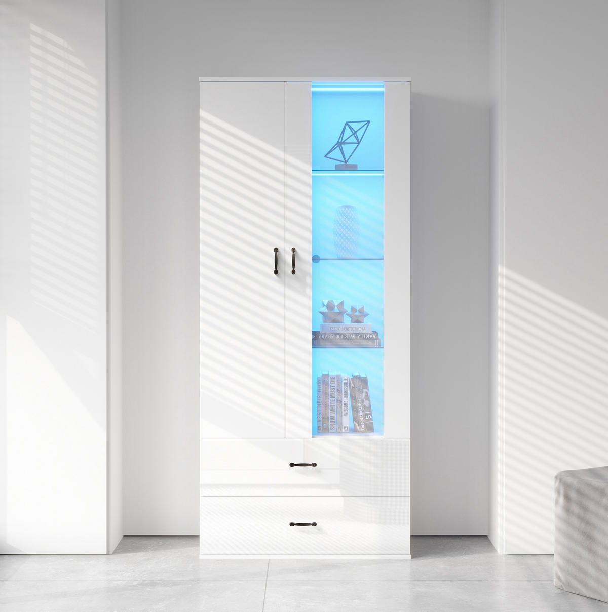 HIGHBOARD 59,5/35/182 cm in Weiß mit LED-Beleuchtung und Stauraum - Weiß, Holzwerkstoff (59.5/182/35cm) - Flora Grace
