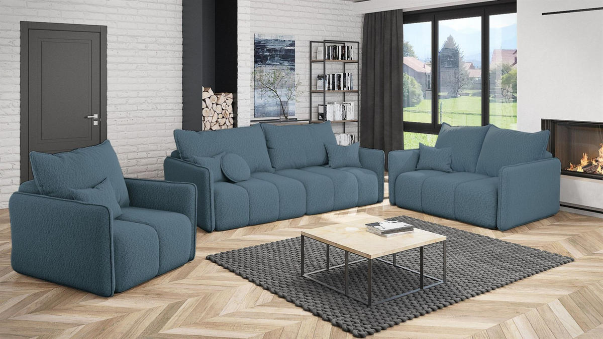 SOFASET Morgano 3-2-1 - Blau, Holzwerkstoff/Textil (216/86/102cm) - Fun Möbel