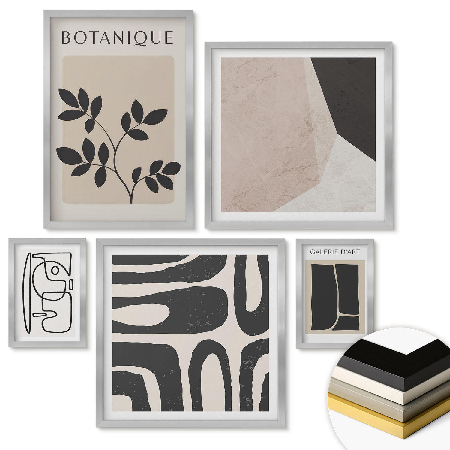 WANDBILDER 5er Set - 50x50 cm & 20x30 cm & 40x60 cm Silberner Rahmen - Abstrakte Boho-Musterformen - Silberfarben, Kunststoff (40/60cm) - ArtPrintCave