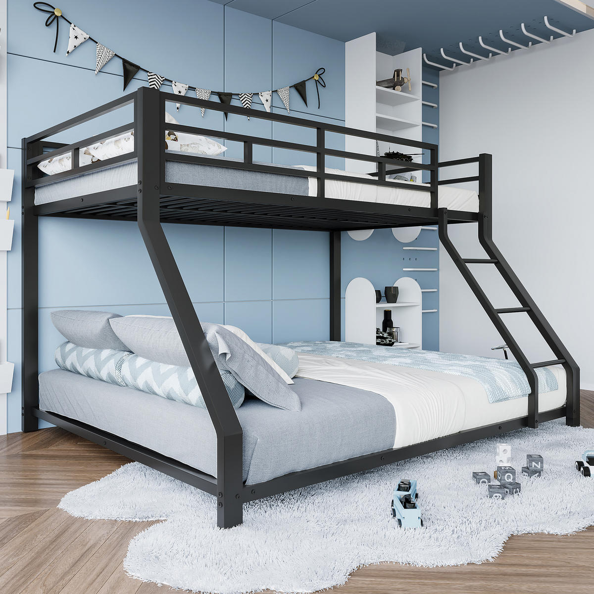 ETAGENBETT 90x200cm + 140x200cm Schwarz Metall EN747 zertifiziert - Schwarz, Metall (140/200cm) - FLIEKS