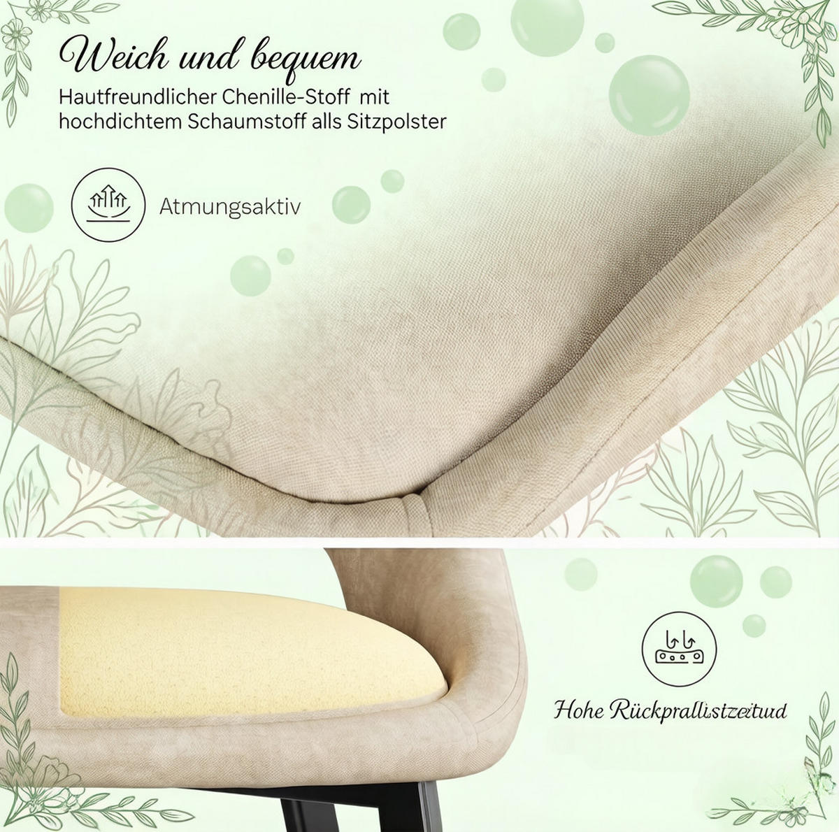 ESSSTUHL 2er-Set Chenille Khaki 43 x 40 x 86 cm - Beige, Metall (40/86/43.3cm) - Meubliv