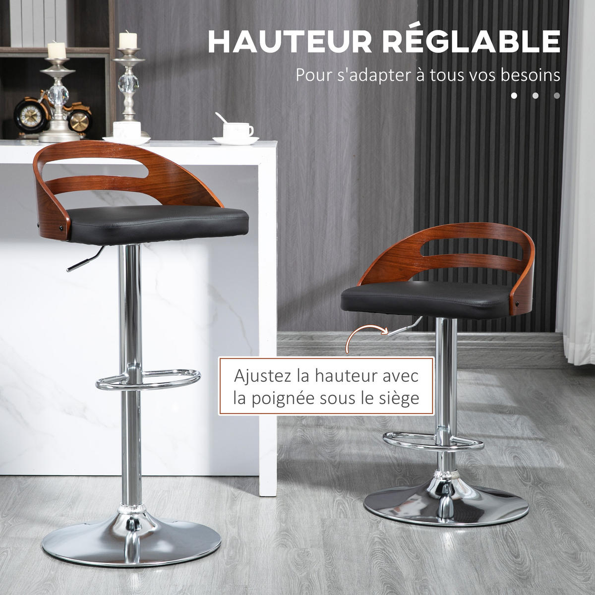 BARHOCKER 2er-Set DE-14696 höhenverstellbar & schwenkbar mit Holz-Dekor Schwarz - Schwarz, Metall (44.5/100/46.5cm) - ComfortXL