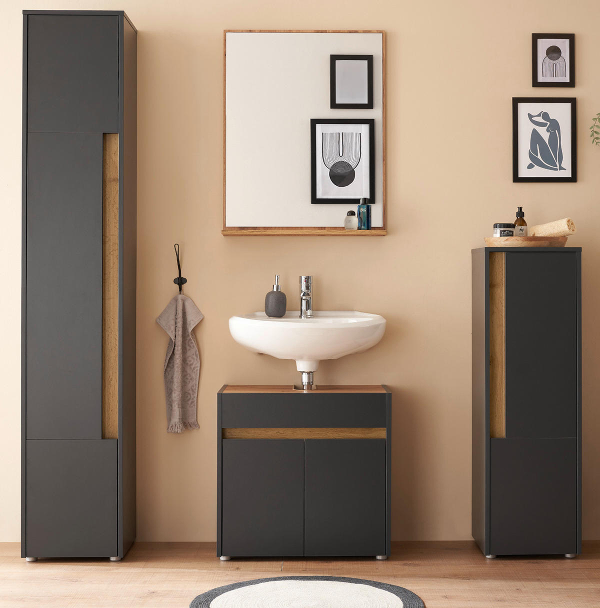 BADMÖBEL-SET 4-teilig grau matt, Wotan Eiche, Badkombination 168 cm - Eiche Wotan/Schwarz, Glas/Holzwerkstoff (171/200/34cm) - Furn.Design