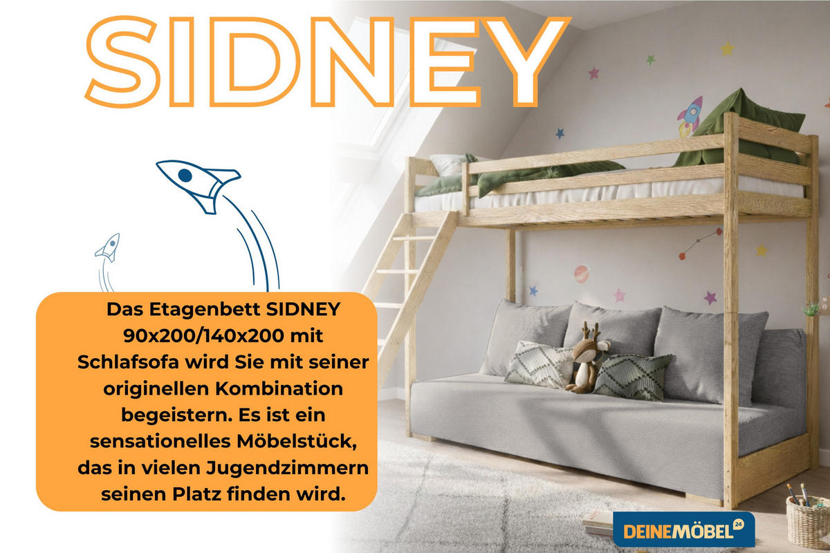 ETAGENBETT SIDNEY 90x200 in Kiefer / Greige - Greige/Kieferfarben, Holz/Holzwerkstoff (90/200cm) - Deine Möbel 24