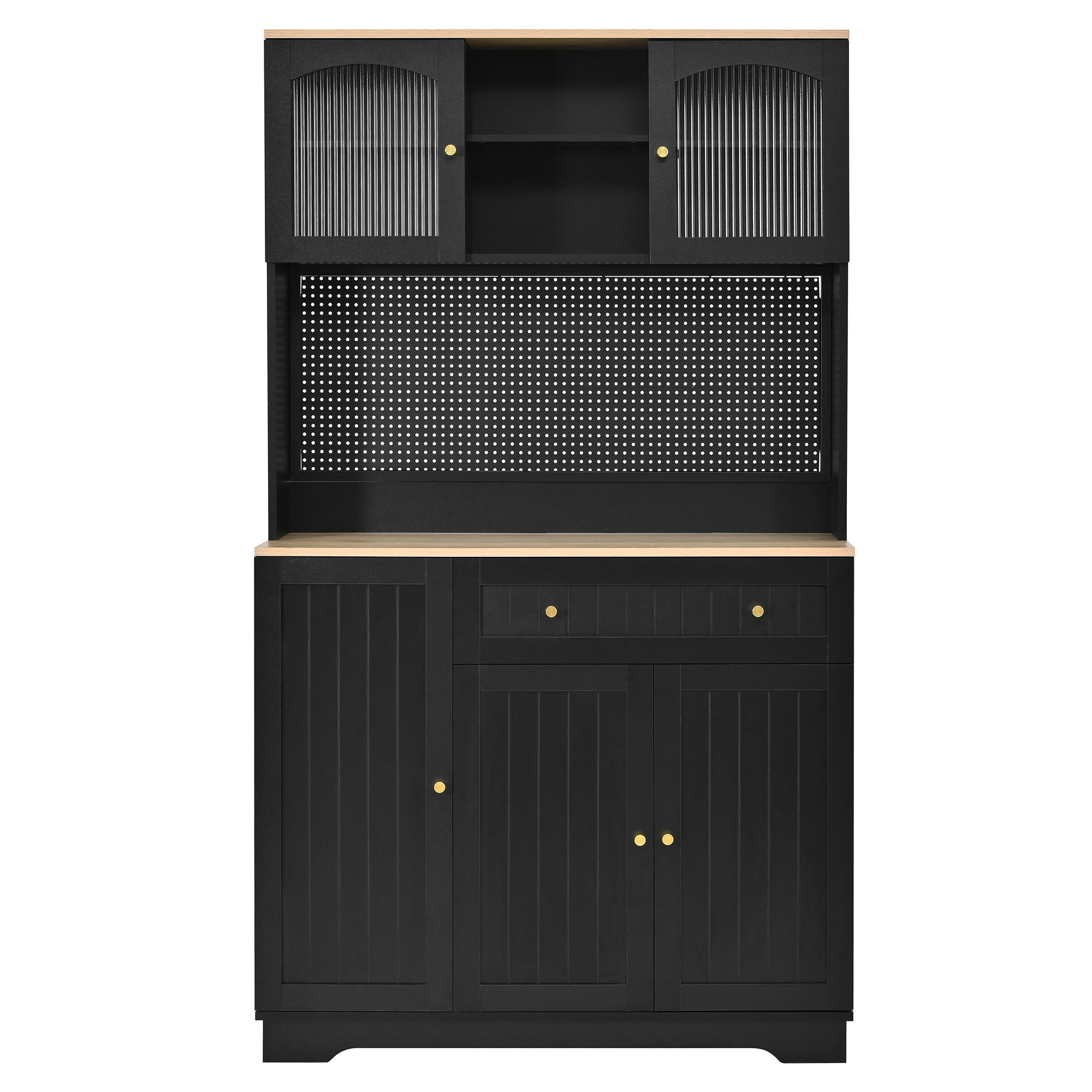 KÜCHENSCHRANK Schwarz mit Vitrinentüren, Lochblech & verstellbaren Böden - Schwarz, Holzwerkstoff (103.5/180/40cm) - Urban Meuble
