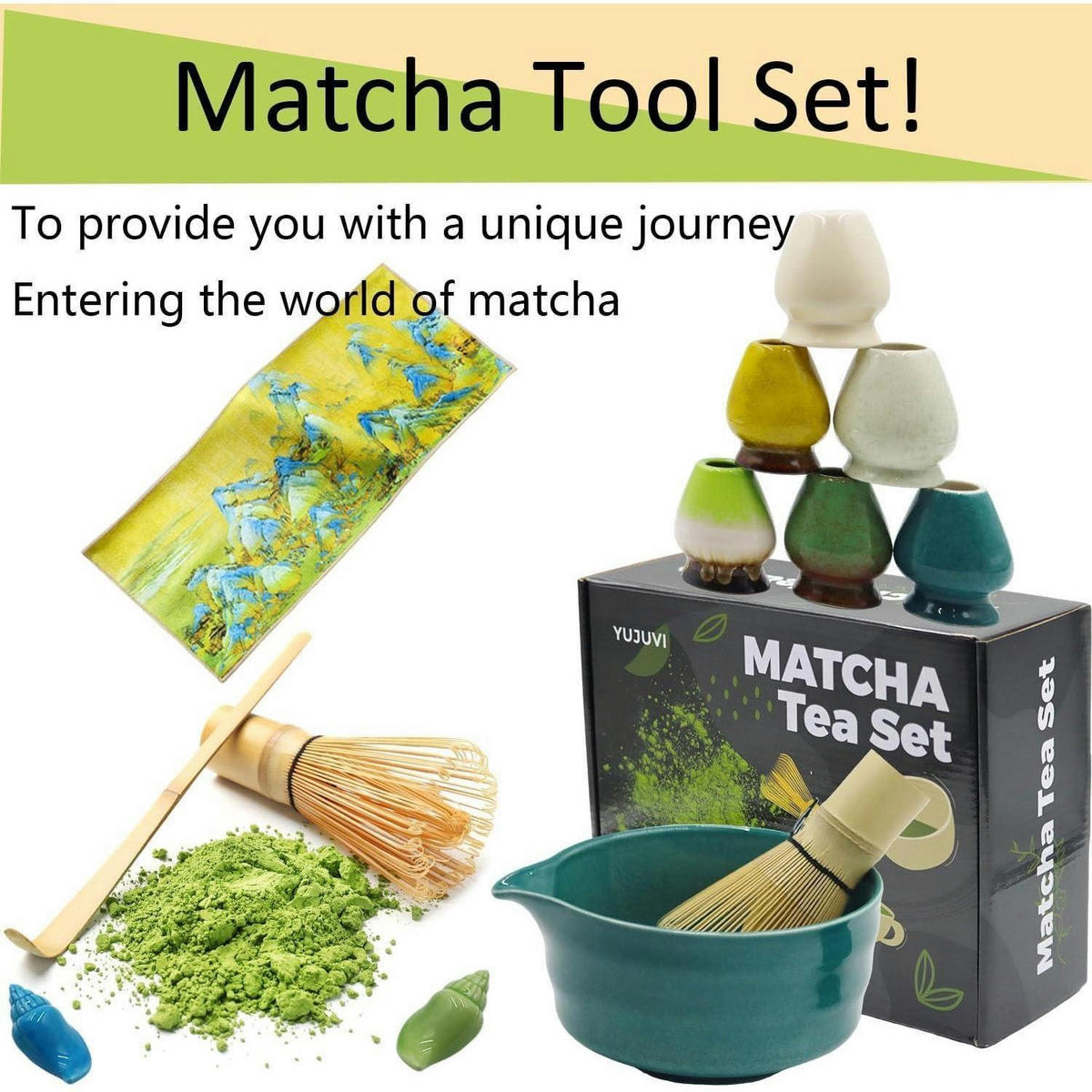 MATCHA Tee Set 9-teiliges Set mit Schale und Besen - Grün, Keramik (16/7/30cm)