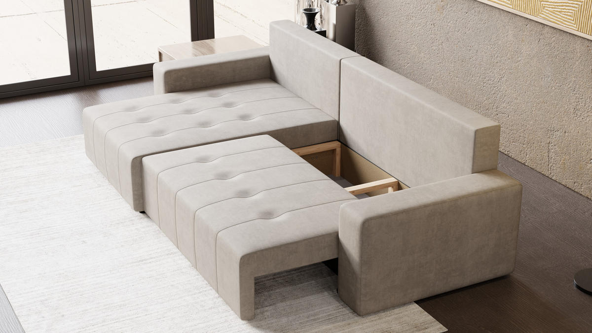 ECKSOFA Tico mit Bettkasten und Schlaffunktion, L-Form/XL-Form, Velourstoff, Universal - Weiß, Holzwerkstoff (276/145cm) - 4ALL HOME