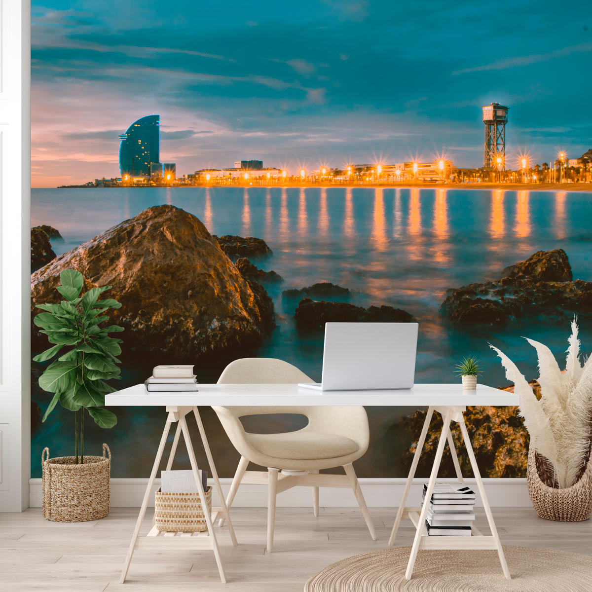 FOTOTAPETE für Wohnzimmer Barcelona Küste Nacht Meer Felsen 500x350 - Blau, Papier (500/350cm) - Muralo