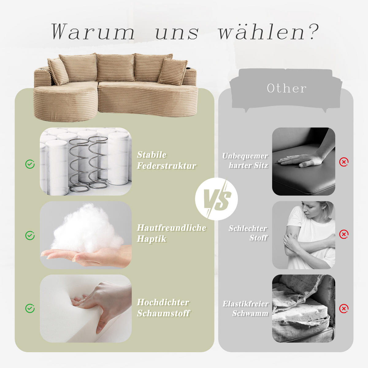 ECKSOFA Cord Khaki mit Becherhaltern, Seitentaschen und mit Kissen - Hellbraun, Textil (250/152cm) - WISHDOR