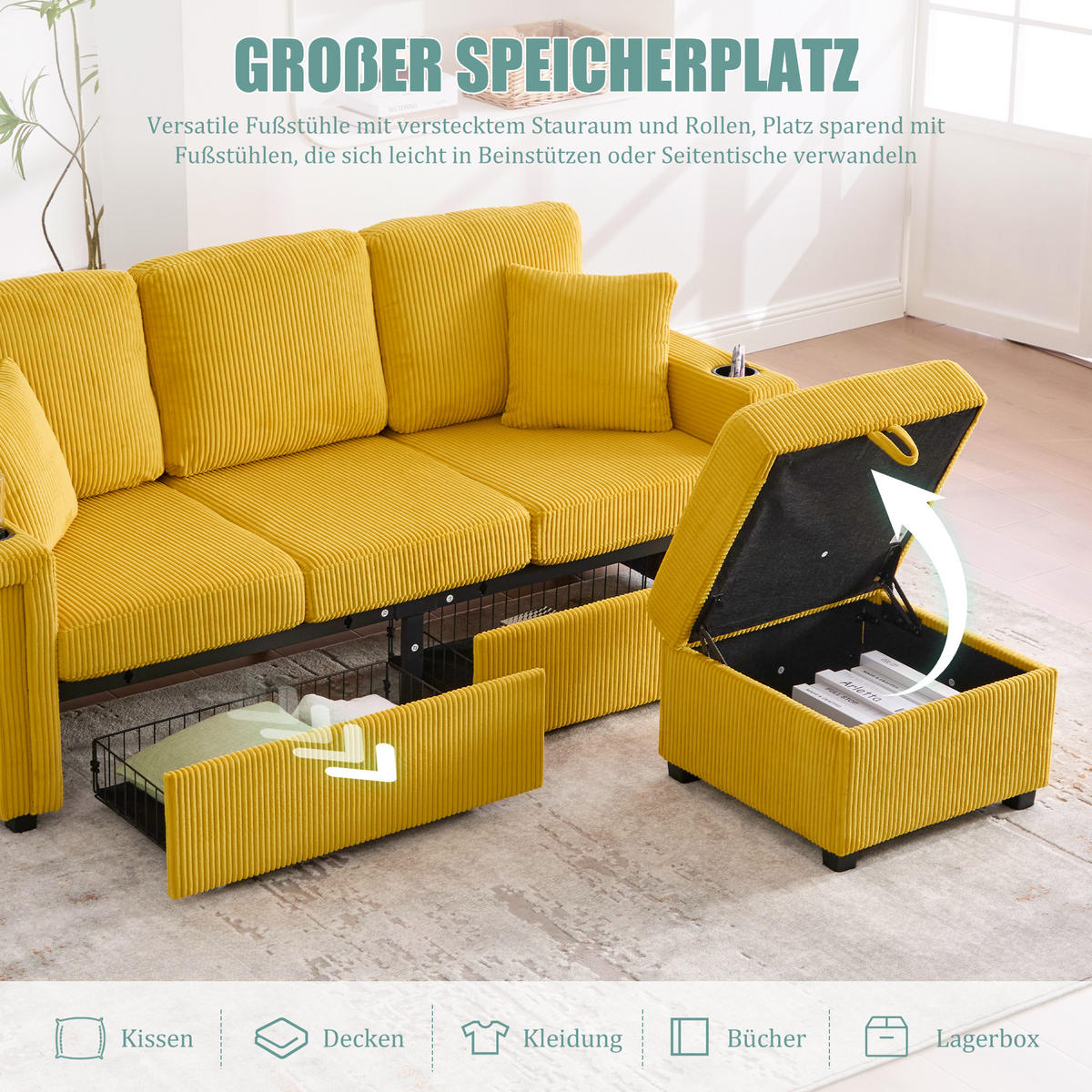 ECKSOFA 194/73/81 cm Senfgelb mit LED-Beleuchtung, Stauraum-Fußteil, 2 Schubladen, Getränkehaltern und Seitentaschen - Currygelb, Textil (194/73cm) - Oxeza